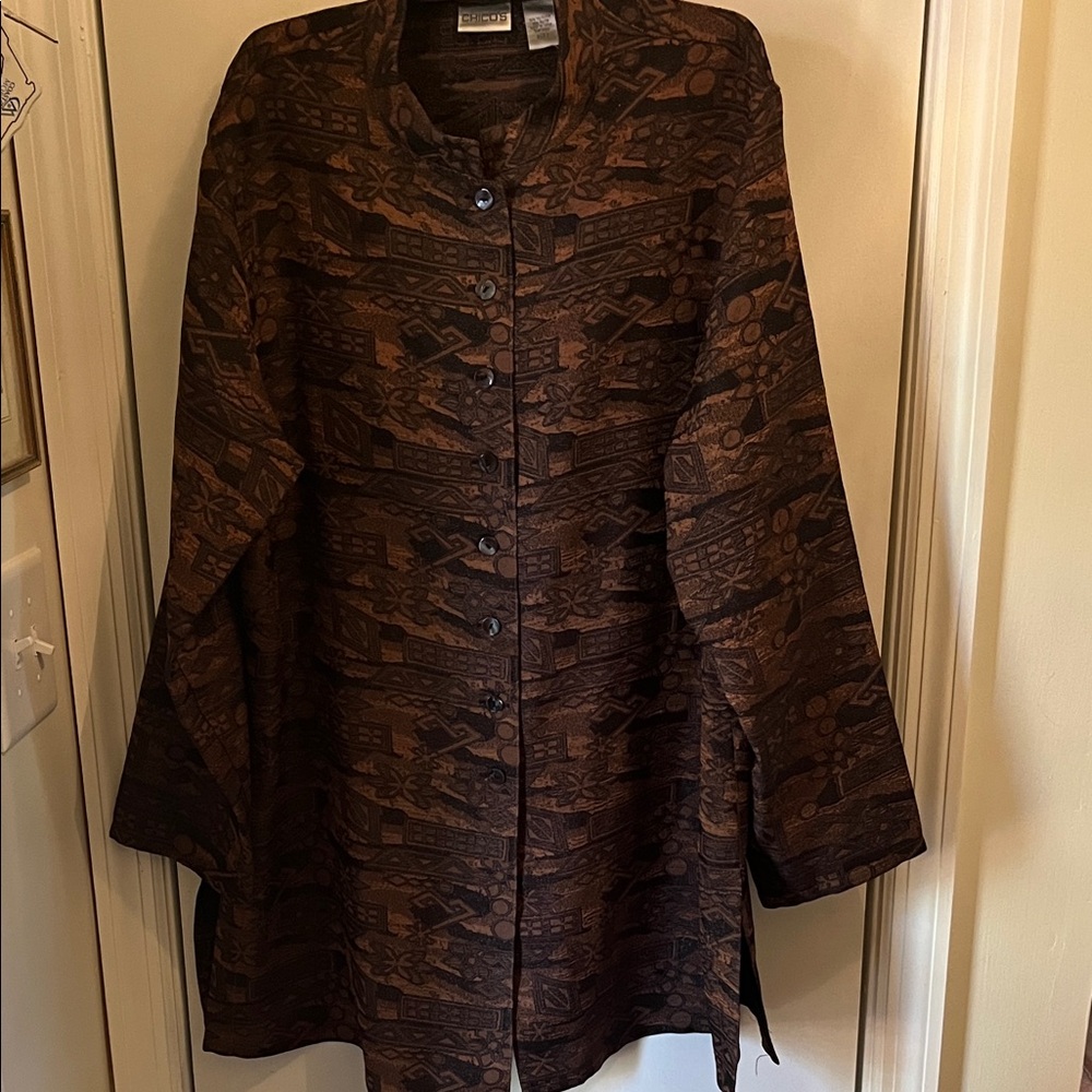 New Chicos Nehru /Kimono Brown Patterned Long Button-Up Jacket Size 3
